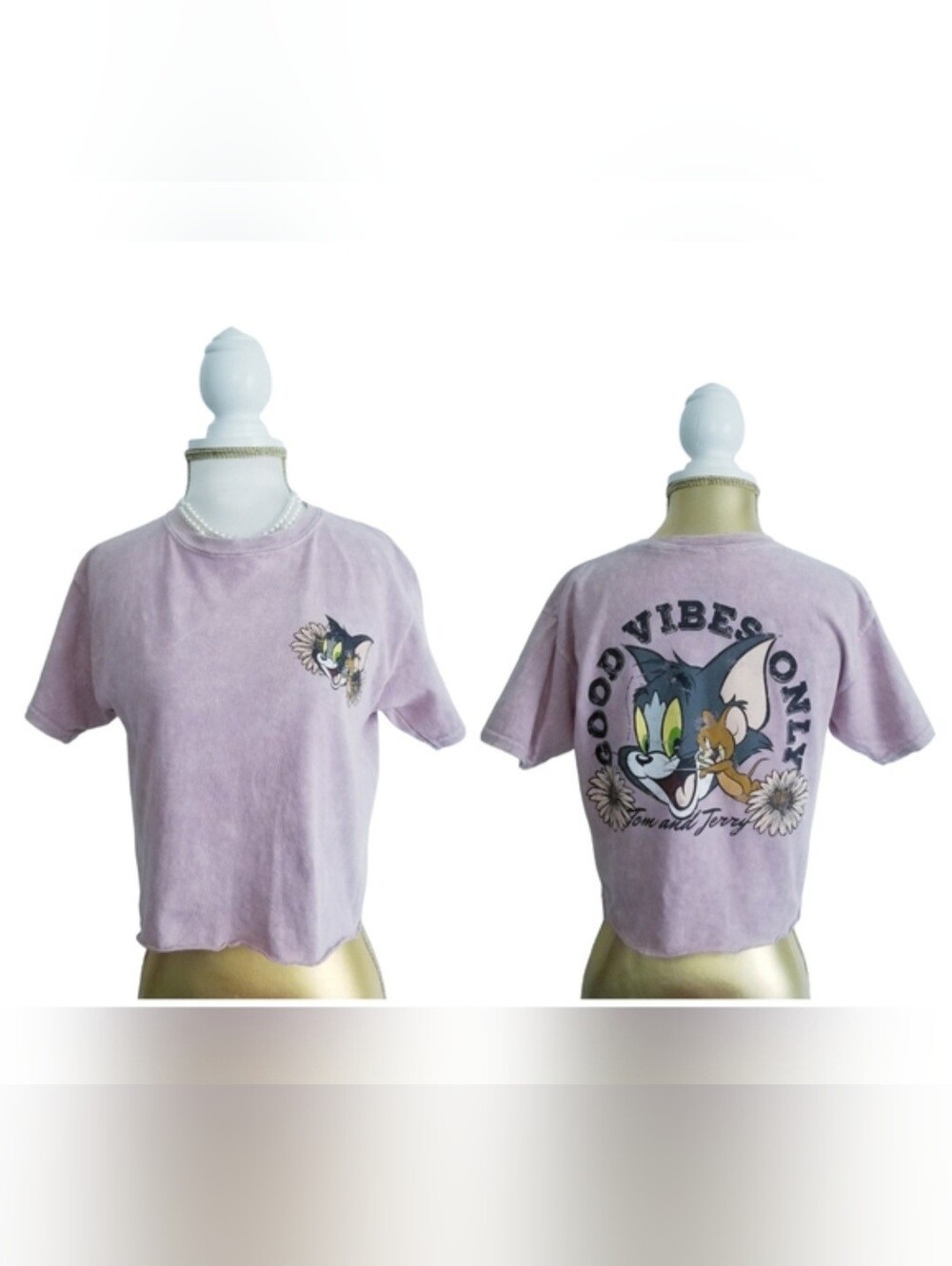 Tom and Jerry Pink Graphic Print "Good Vibes Only" Short Sleeve Crop Tee Shirt